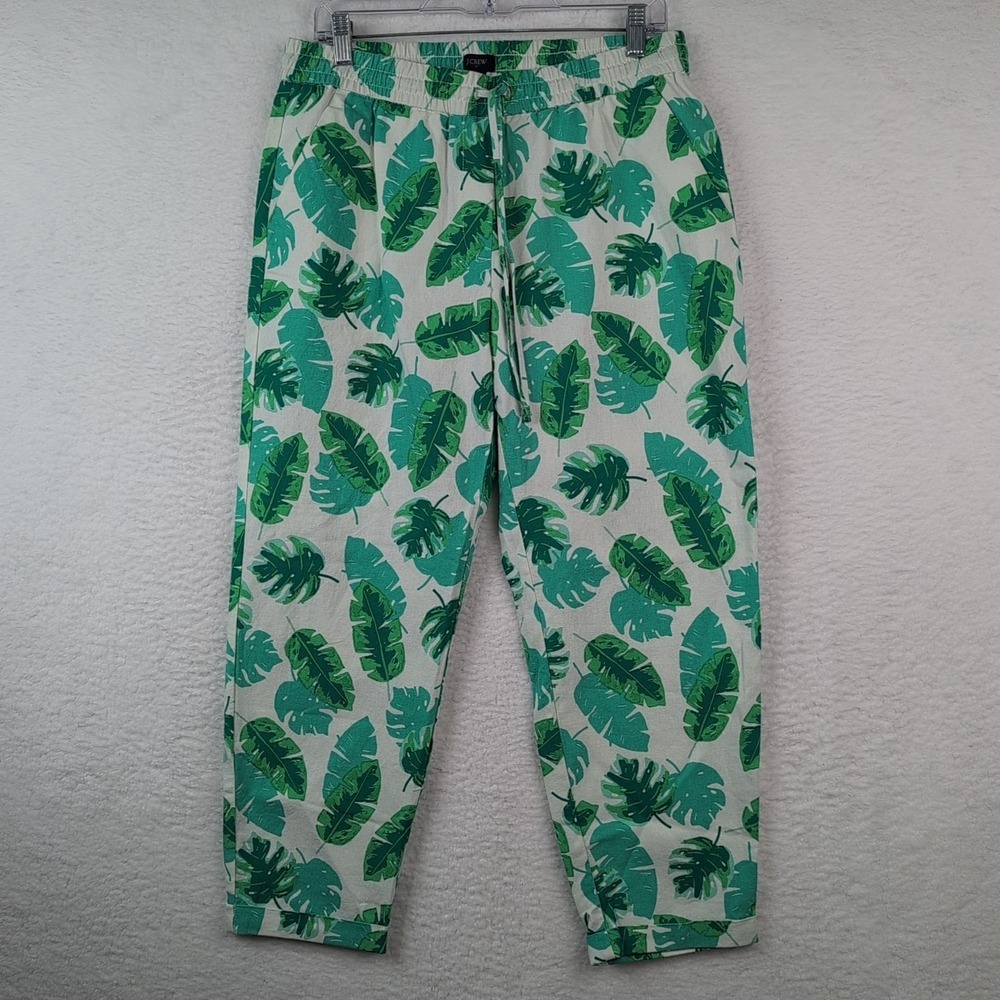 NWT J Crew Palm Print Linen Blend Pants Women's 10 Drawstring Pull On